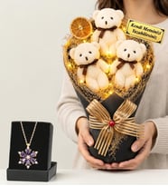 Doğum Günü Hediyesi Kişiye Özel Led Işıklı Peluş Ayıcık Buketi (Krem) ve Gerçek Ametist Taşlı Lotus Kolye