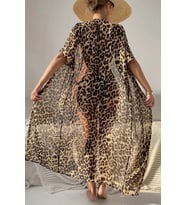 Angelsin Şifon Uzun Önden Bağlamalı Leopar Plaj Elbisesi Pareo Kimono (Çok Renkli)