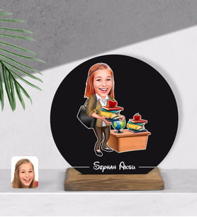 BK Gift Kişiye Özel Kadın Öğretmen Karikatürlü Yuvarlak Ahşap Biblo-4