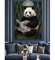Gazete Okuyan Panda Dekoratif Kanvas - Mdf Ahşap Tablo