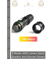 Premium Üretim Beyaz Işık 250 Metre Menzilli 3 Modlu 500 Lümen Şarjlı Zoomlu Acil Durum Feneri