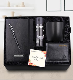 Kişiye Özel Siyah Defter & Siyah Touch Pen & Siyah Erkek Cüzdan & Siyah Kupa & Erkek Deodorant Hediye Seti