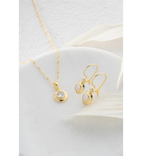 925 Ayar Gümüş Burgu Zincirli Gold Tektaş Model Küpe ve  Kolye Set