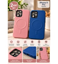 iPhone 11 Pro Kılıf 2'li Set Pembe Mavi Silikon Kamera Korumalı MagSafe Tasarımlı