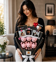 Kişiye Özel 3 Fotoğraflı 6 Peluş Ayıcıklı Buket Kalp Balonlu ve İyi Ki Varsın Stickerlı Siyah Hediye Buketi