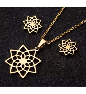 Kişiye Özel 925 Ayar Gümüş Tasarım Çiçek Kolye Küpe Seti (Gold)