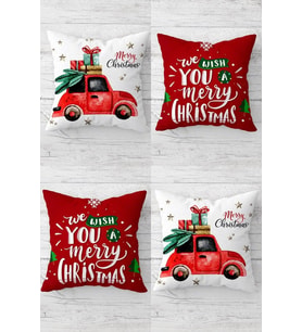 Yılbaşı Merry Christmas Gizli Fermuarlı Kırlent Kılıfı Koltuk Yastık Kılıfı Takım(4adet) (Kırmızı-Beyaz)
