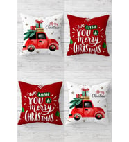 Yılbaşı Merry Christmas Gizli Fermuarlı Kırlent Kılıfı Koltuk Yastık Kılıfı Takım(4adet) (Kırmızı-Beyaz)