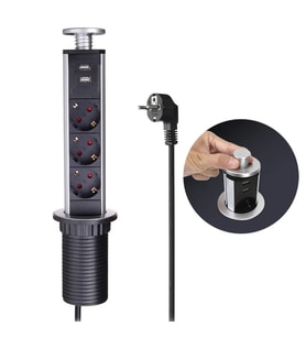 Vea VE-24062 Üçlü 1.5 Metre Kablolu İki USB li 60mm Masaüstü Gömme Priz Kutusu Gömme Tip Çoklu Priz