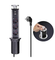 Vea VE-24062 Üçlü 1.5 Metre Kablolu İki USB li 60mm Masaüstü Gömme Priz Kutusu Gömme Tip Çoklu Priz