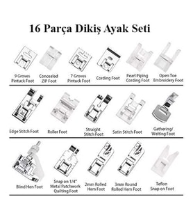 16 Parça Ev Tipi Aile Dikiş Dikme Makinesi Komple Ayak Seti