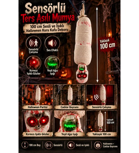 Halloween 100 cm Sensörlü Ters Asılı Mumya Kuru Kafa Sesli Işıklı Cadılar Bayramı Dekor Süsü