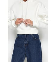 Tarz Relaxed Kapüşonlu Düşük Kol Crop Kalın İçi Polarlı Rahat Kesim Crop Basic Örme Sweatshirt