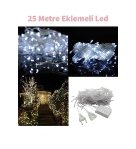 Fonksiyonlu Beyaz Eklemeli  25 Metre Dekor Led - Çam Ağacı Süsü Yılbaşı Süsü - Pirinç Led