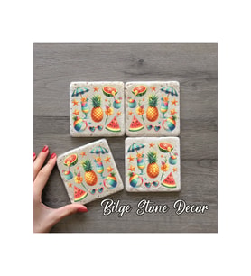 bilge tasarım Stone Decor Taş Bardak Altlığı 4'lü Set 10x10x1 Cm desenli