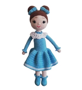 Kahverengi Saçlı Turkuaz Elbiseli Sude Bebek Amigurumi Organik Oyuncak