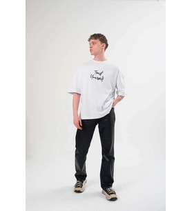 Erkek Kısa Kol Yazlık Tişört Bisiklet Yaka Baskılı Oversize T-Shirt - Beyaz