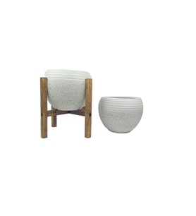 Bitki Tasarımı Beyaz Granit Küp Saksı Saksılık Salon Çiçeklik İkili Set (4 Ayaklı-Ayaksız)