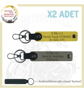 Sürücülere, İsim Plaka ve 0 Rh (+) Kan Grubu Yazılı Kişiye Özel x2 Anahtarlık Set, Kül Gri-Sarı-Laci (Çok Renkli)