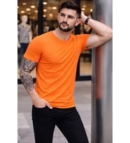 Erkek T-Shirt Bisiklet Yaka Slim Fit Dar Kesim Likralı Tişört Günlük Basic Body - Turuncu