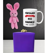Kiz Kardese Dogum Gunu Hediyesi İsimli Dünyanın En İyi Kız Kardeşi Kupası ve Pembe Mini Tavşan