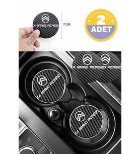 Citroen C4 Grand Picasso Siyah Karbon 7 cm Bardak Altlığı Citroen Yazılı C4 Grand Picasso Logolu 2 Adet Dayanıklı Şık Tasarım