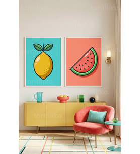 Canlı Meyve Temalı Pop Art 2'li Ahşap Çerçeveli Tablo Seti