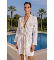 Baskılı Müslin Kimono Bornoz – Unisex  %100 Pamuk Yumuşacık 2 Katlı Doğal Kumaş (Bej)