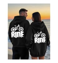 Sevgili Çift Kombin Hoodie 2'li Set Ride Baskılı Unisex Oversize 3 İplik Kapüşonlu (Siyah)