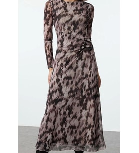Moda Stil Regular Bisiklet Yaka Maxi Boy Baskılı Büzgü Drape Örme Elbise (Kahverengi)