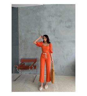 KETEN CROP KARPUZ KOL BLUZ-PANTOLON HASIR KEMERLİ - Orange