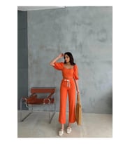 KETEN CROP KARPUZ KOL BLUZ-PANTOLON HASIR KEMERLİ - Orange
