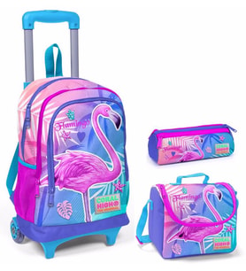 Coral High Mavi Flamingo Kız Çocuk Çekçek Çanta Seti - Işıklı Tekerlekler