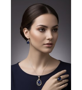 Oval Model Safir Taşlı 925 Ayar Gümüş Otantik Üçlü Set