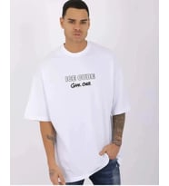 Unisex Bisiklet Yaka Baskılı Oversize T-Shirt - Beyaz