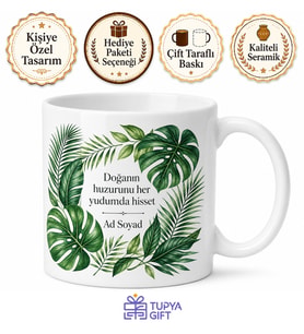 Tropikal Yapraklı Tasarım Baskılı Kupa Bardak Hediyelik Porselen Mug
