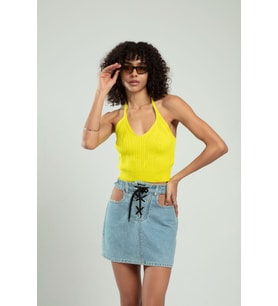 sifu tekstil Kadın  Boyundan Bağlamalı Fitilli Spor Triko Büstiyer Atlet Crop Top SFYZ1009 (Sarı)