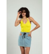 sifu tekstil Kadın  Boyundan Bağlamalı Fitilli Spor Triko Büstiyer Atlet Crop Top SFYZ1009 (Sarı)