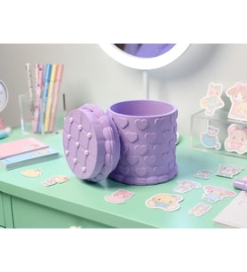 3D Baskı Kabartma Kalp Desenli Kapaklı Kalemlik - Masaüstü Organizer - Mor