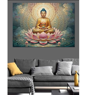 Lotus Üzerinde Meditasyon Yapan Buda Dekoratif Kanvas - Mdf Ahşap Tablo