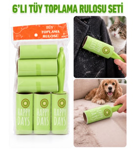 6’lı Tüy Toplama Rulosu Seti, Saplı Yapışkanlı Kedi Köpek Tüyü ve Toz Temizleme Rulosu