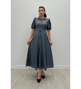 Cotton Kumaş Düğme Detaylı Gömlek Elbise - GRİ