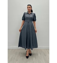 Cotton Kumaş Düğme Detaylı Gömlek Elbise - GRİ