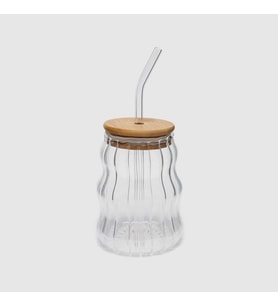 500ml Bambu Kapaklı Cam Bardak, Cam Pipetli Silikon Kapak Contalı Desenli Sıcak Soğuk İçecekler Kahve Meyve Suları ve Çayları için Şık Ergonamik Tasarım