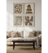 Retro Geometrik Desenler Dekoratif 4’lü Ahşap Çerçeveli Tablo Seti - Salon Dekoru