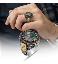 Oval Mistik Topaz Taşlı Harfli 925 Gümüş Erkek Yüzük