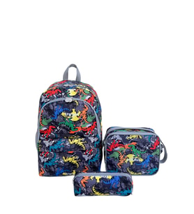 Superbag Erkek Çocuk Ilkokul Çantası Dinazor Desenli Sırt Çantası Beslenmelik Ve Kalemlik 3'lü Set (Siyah - Kırmızı - Mavi - Sarı)
