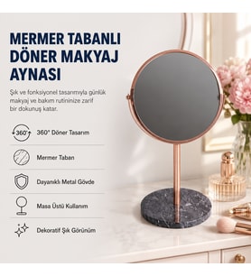 Şık Mermer Tabanlı Döner Masa Üstü Makyaj Aynası – Dekoratif Masa Aynası