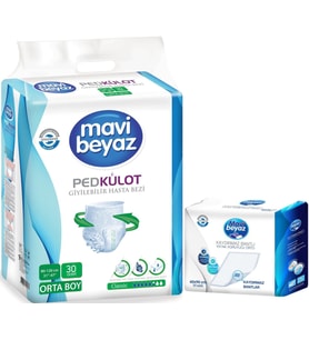 Mavi Beyaz Ped Emici Külot Hasta Bezi M - Medium Orta 30 Adet + Yatak Koruyucu Örtü 60*90CM 30 Adet