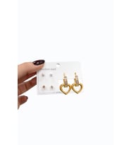 Kalp Figürlü Halka & Taşlı Çivi Küpe Seti (3’lü) (Gold)
